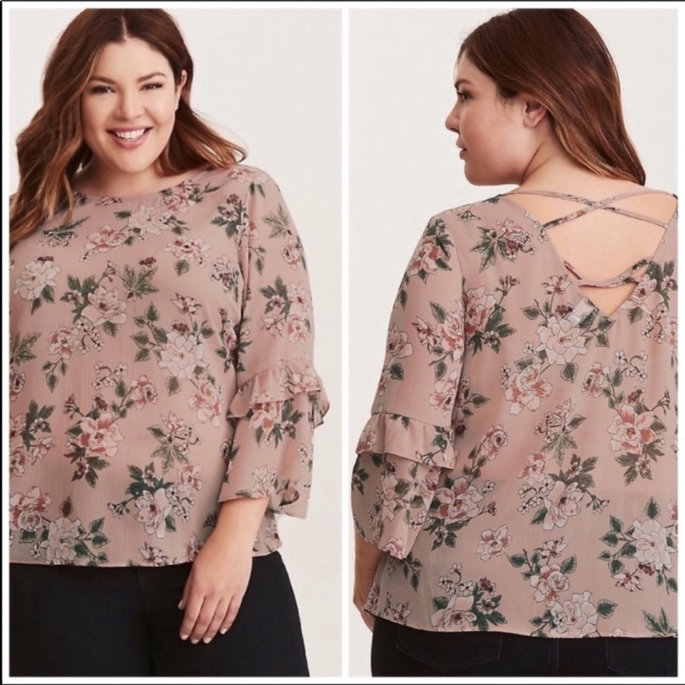 Torrid floral ruffled bell sleeve chiffon blouse